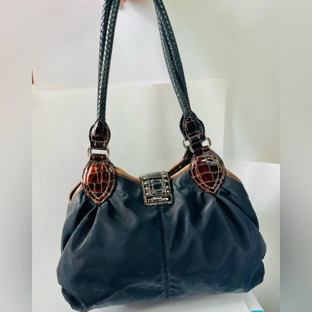 Y2K style Brighton nylon and leather shoulder bag, reptile and cheetah print